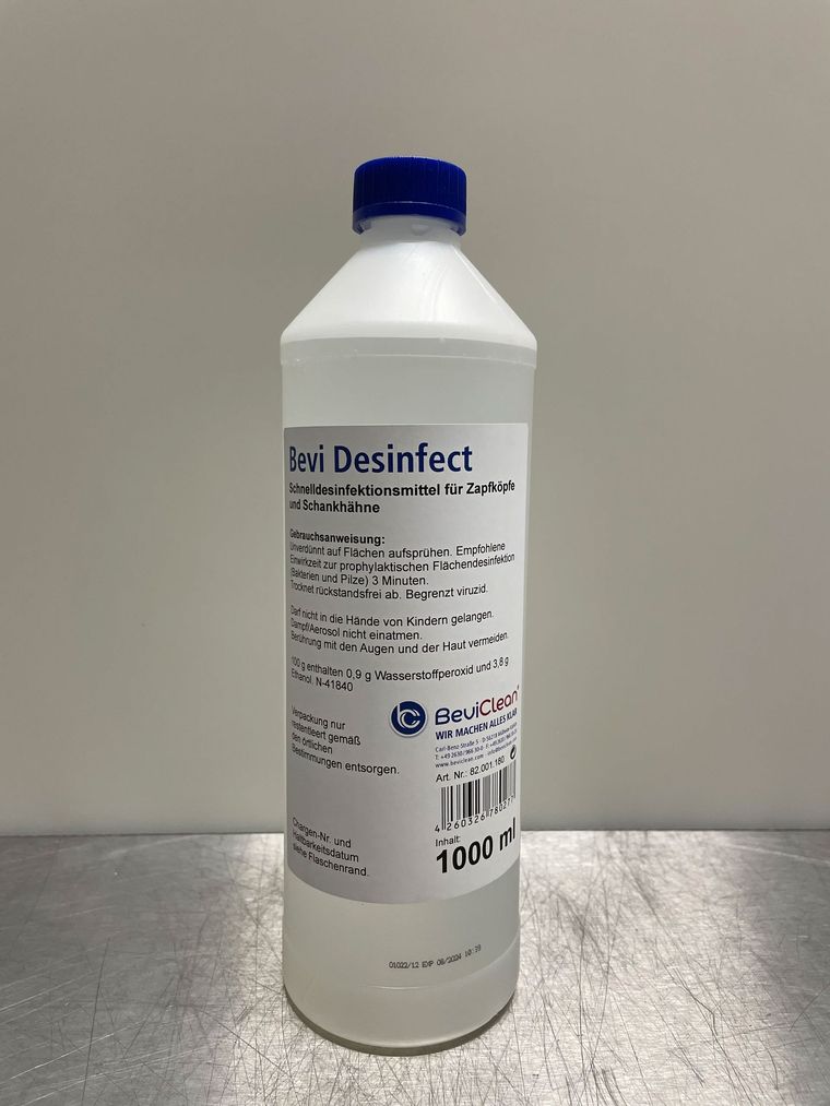 Weiße Flasche Bevi Desinfect, ein Desinfektionsmittel für Wasserhähne
