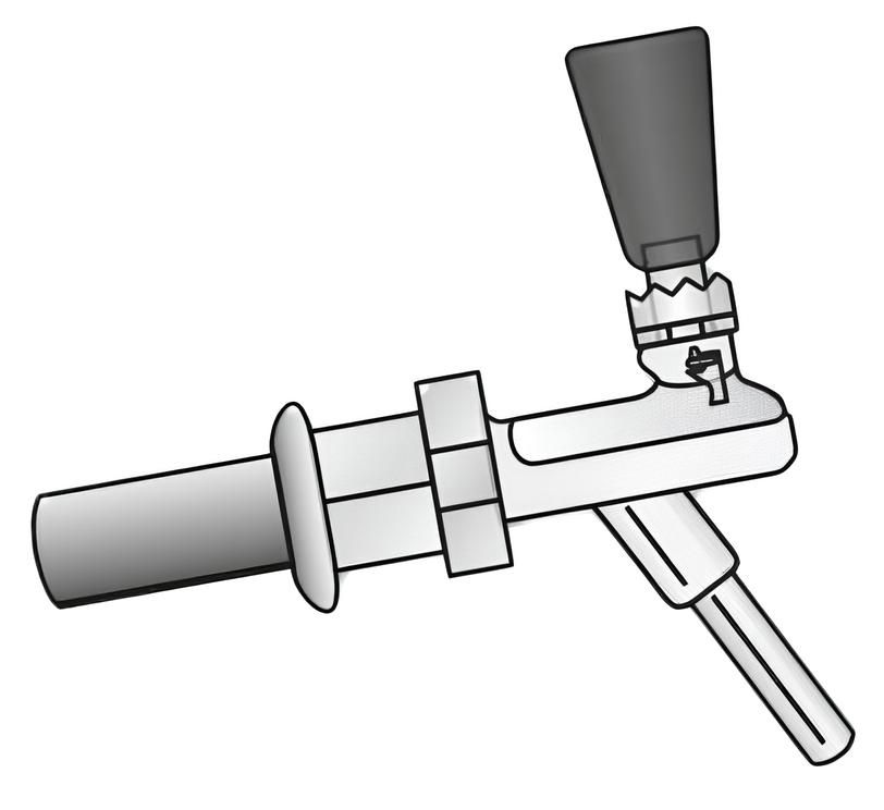 Schwarz-Weiß-Illustration eines Zapfhahns mit Hebel und Düse